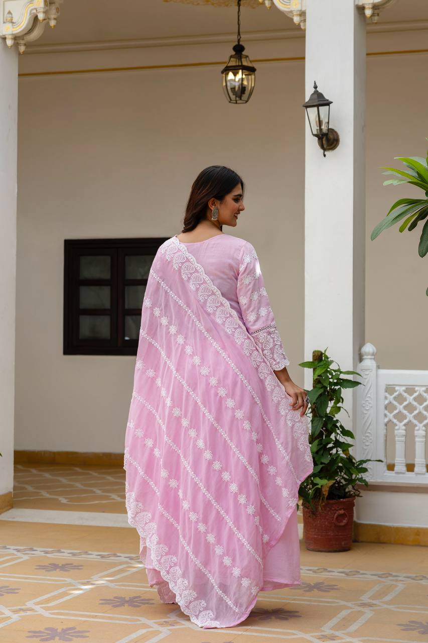 Baby Pink Pure Mal Cotton Lakhnowi Work Kurti Set