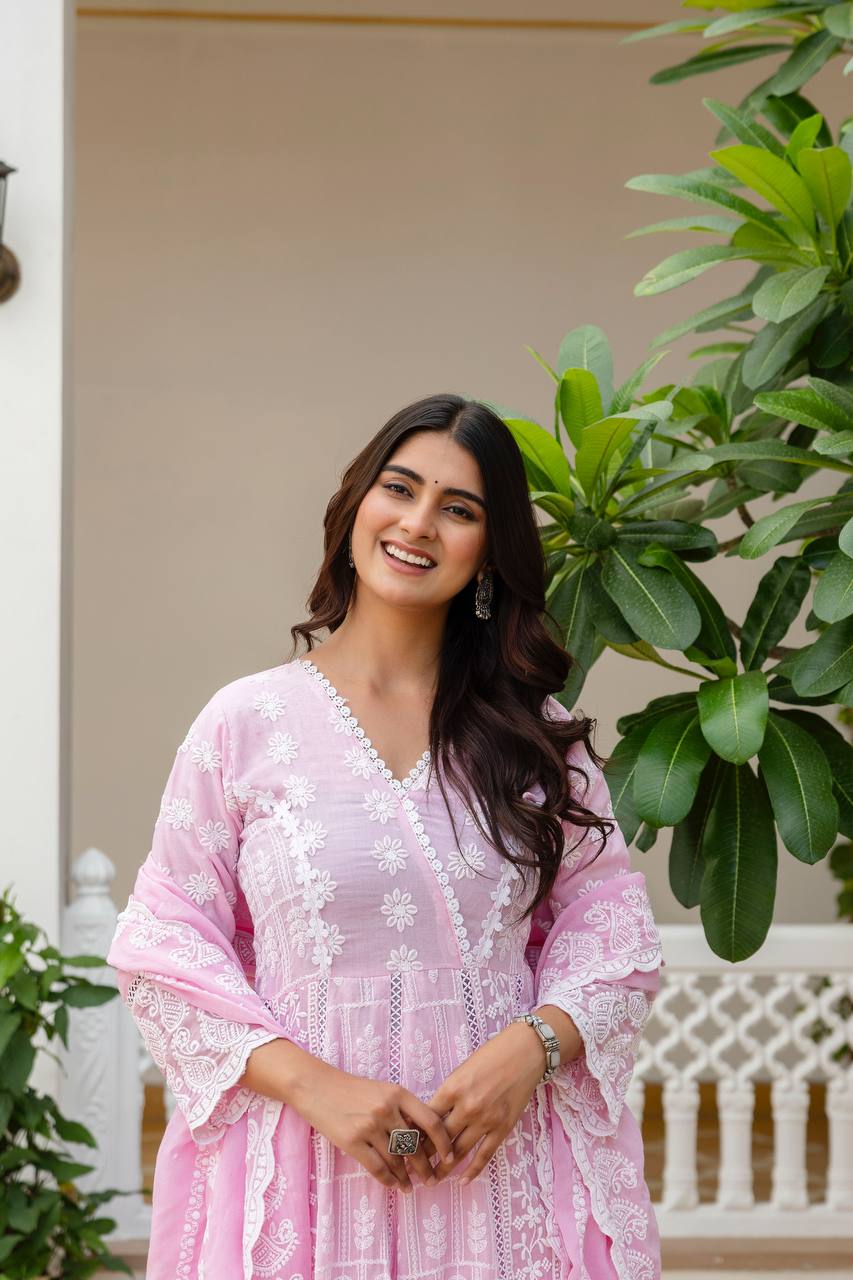 Baby Pink Pure Mal Cotton Lakhnowi Work Kurti Set
