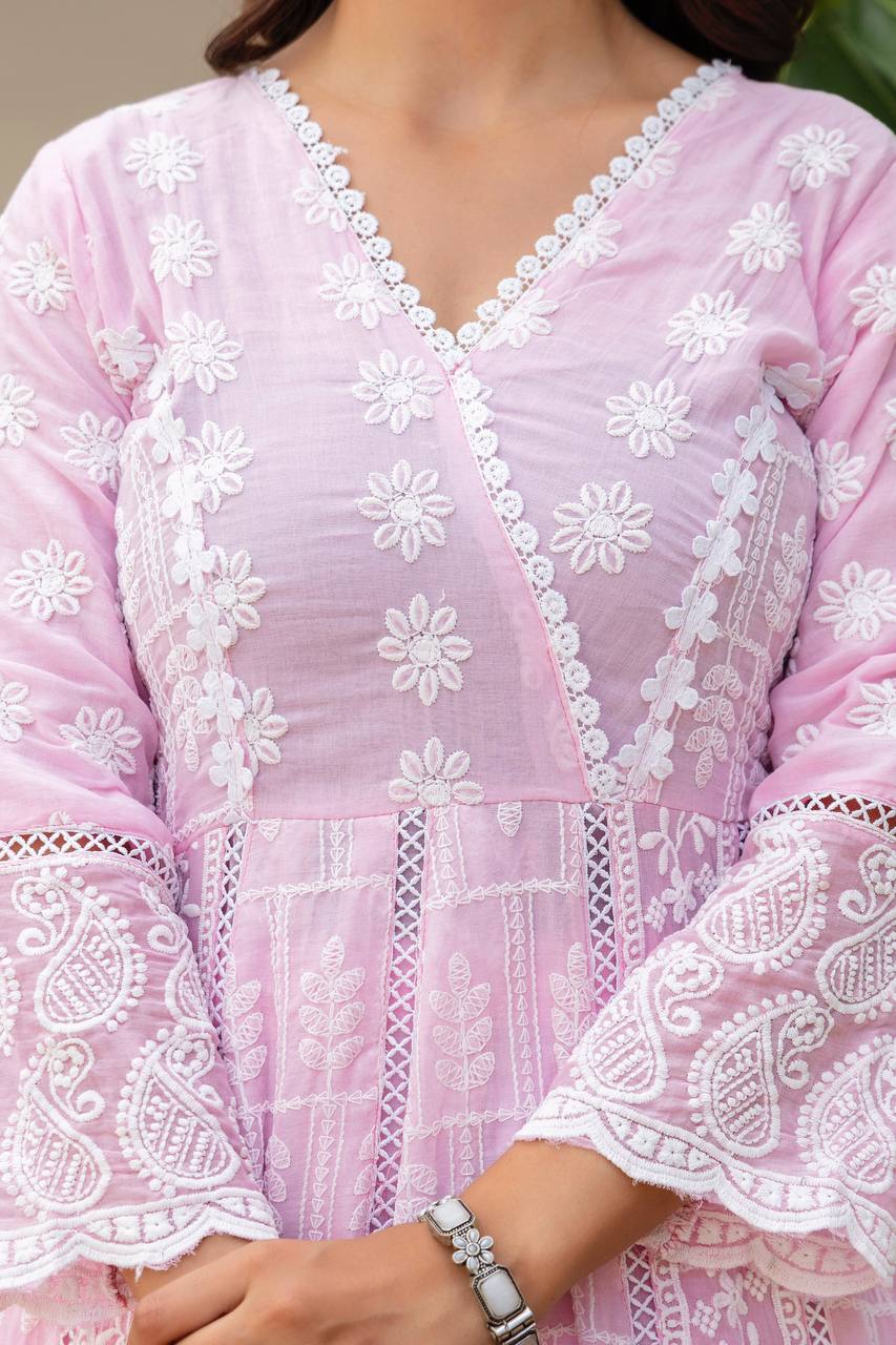 Baby Pink Pure Mal Cotton Lakhnowi Work Kurti Set