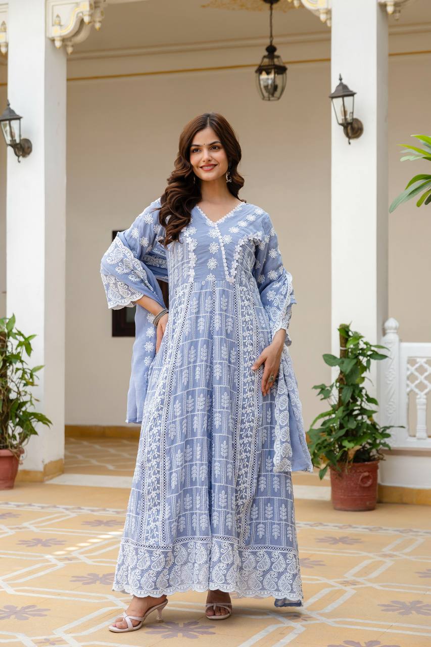 Sky Blue Pure Mal Cotton Lakhnowi Work Kurti Set