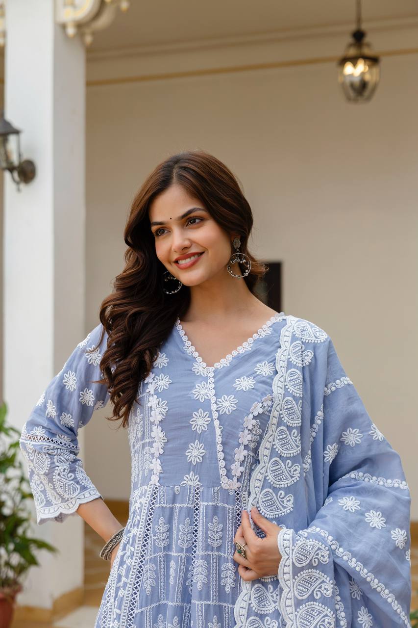 Sky Blue Pure Mal Cotton Lakhnowi Work Kurti Set