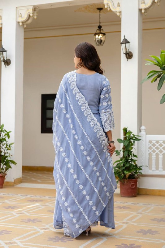 Sky Blue Pure Mal Cotton Lakhnowi Work Kurti Set