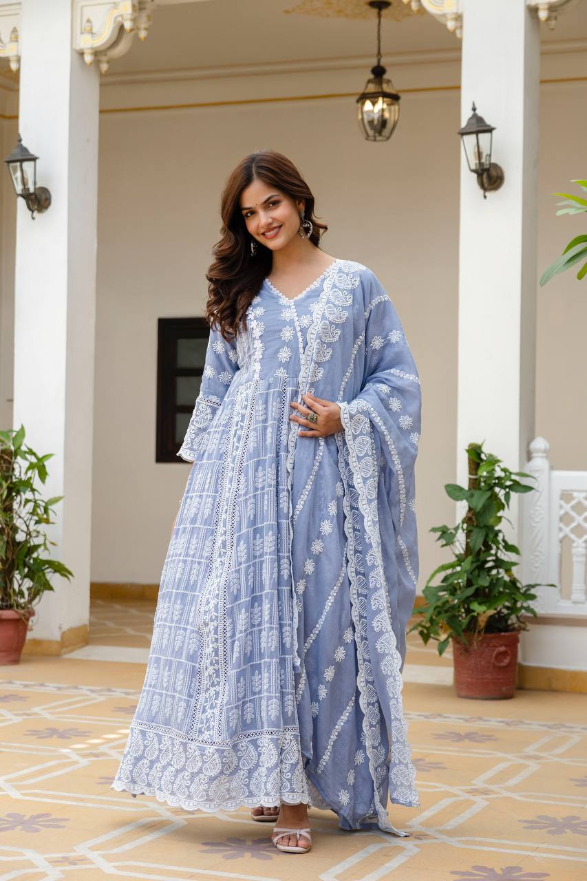 Sky Blue Pure Mal Cotton Lakhnowi Work Kurti Set