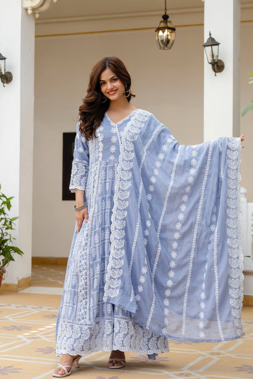 Sky Blue Pure Mal Cotton Lakhnowi Work Kurti Set