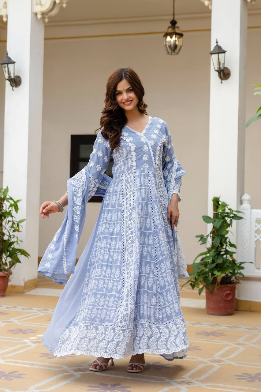 Sky Blue Pure Mal Cotton Lakhnowi Work Kurti Set
