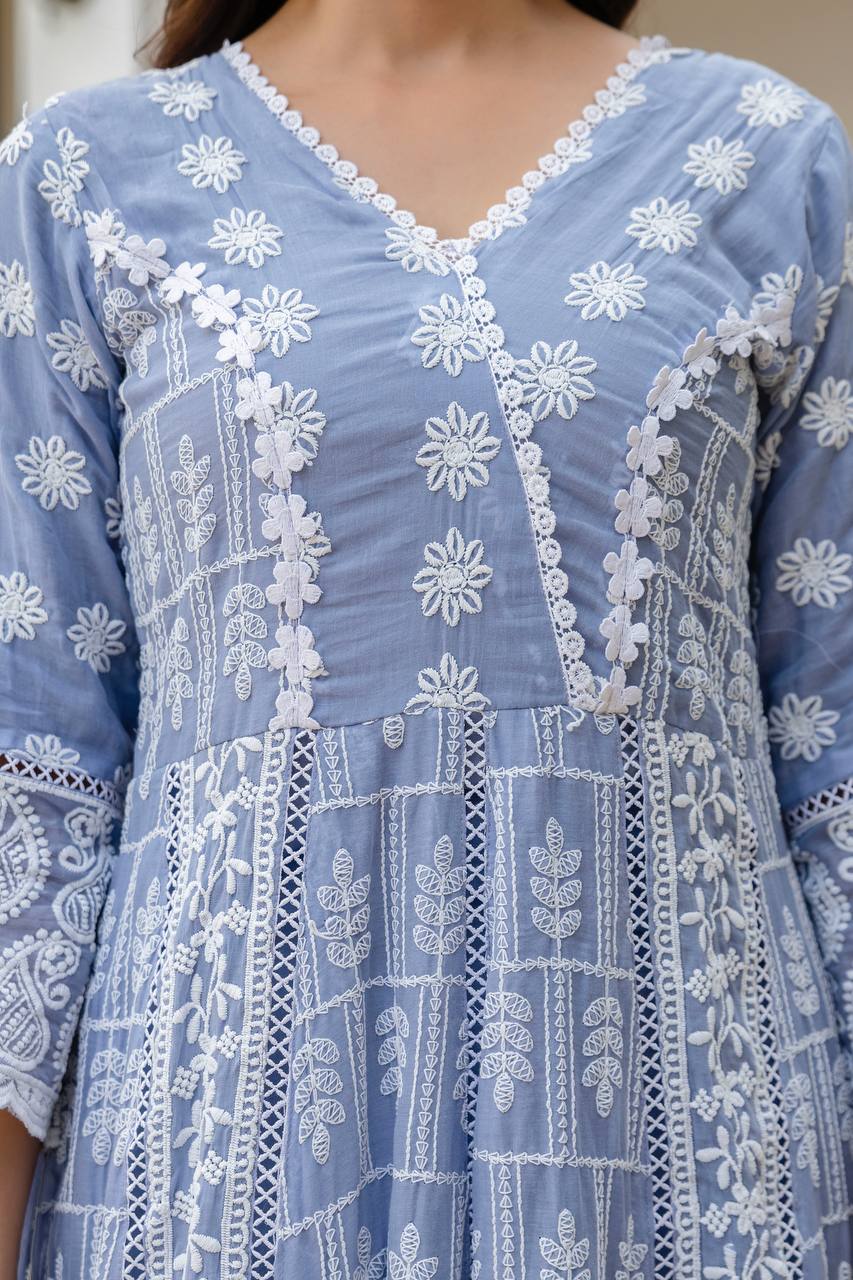Sky Blue Pure Mal Cotton Lakhnowi Work Kurti Set