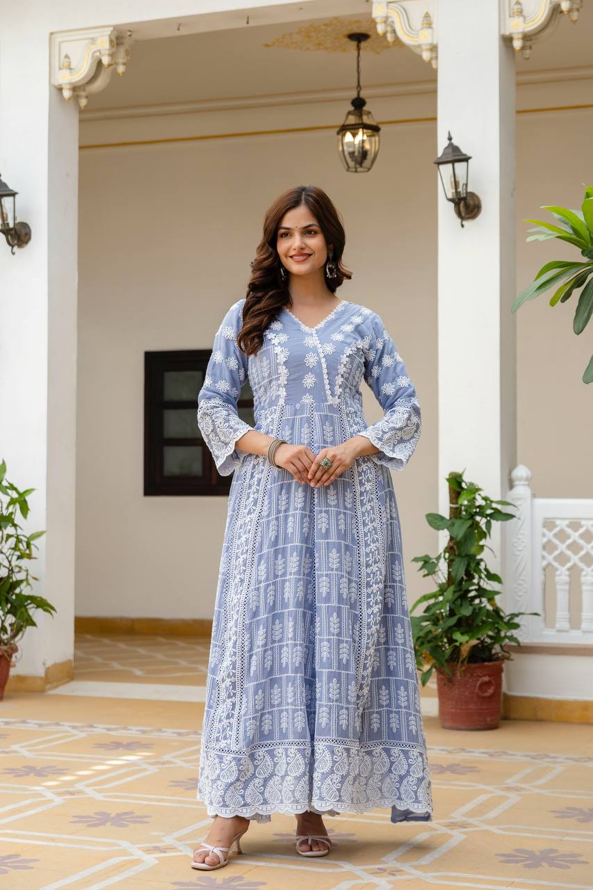 Sky Blue Pure Mal Cotton Lakhnowi Work Kurti Set
