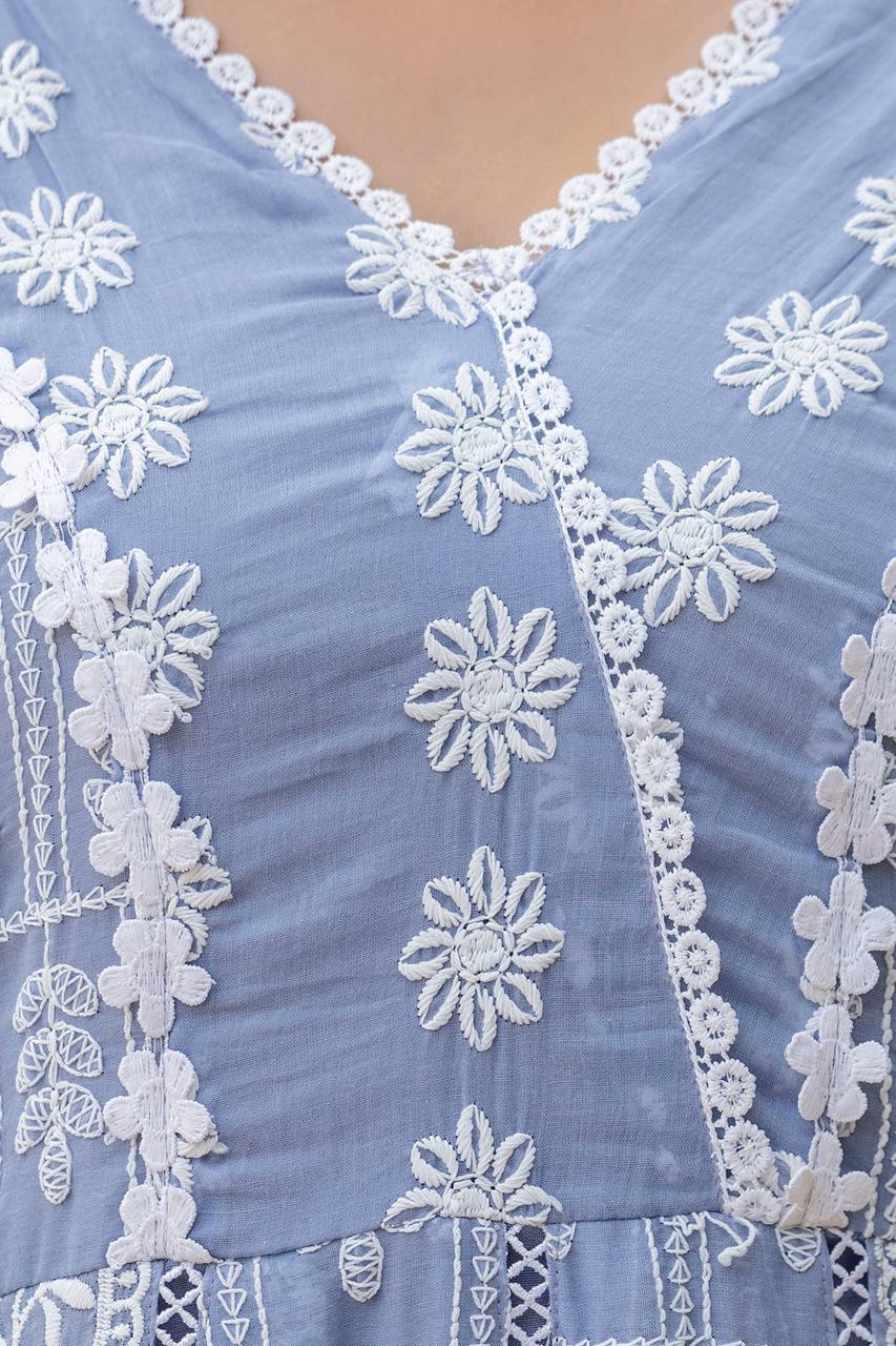 Sky Blue Pure Mal Cotton Lakhnowi Work Kurti Set