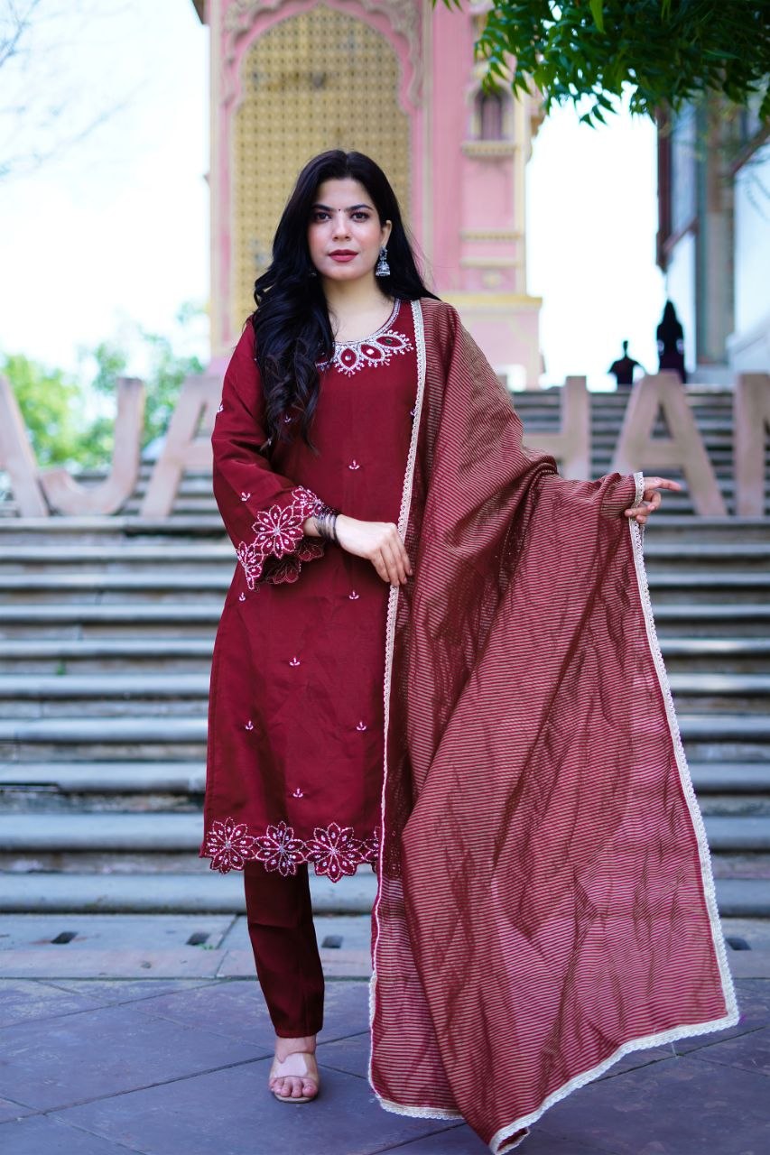 Wine Roman Glas Embroidery Beats With Sequence Work Kurti Set
