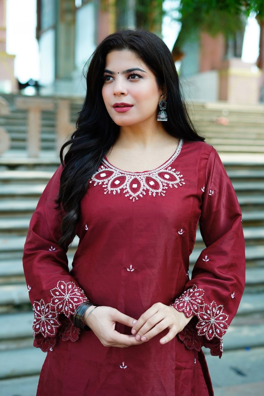 Wine Roman Glas Embroidery Beats With Sequence Work Kurti Set