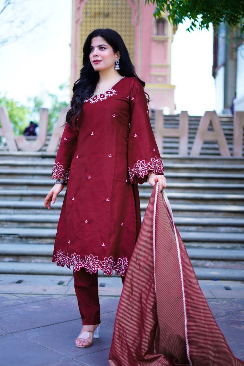 Wine Roman Glas Embroidery Beats With Sequence Work Kurti Set