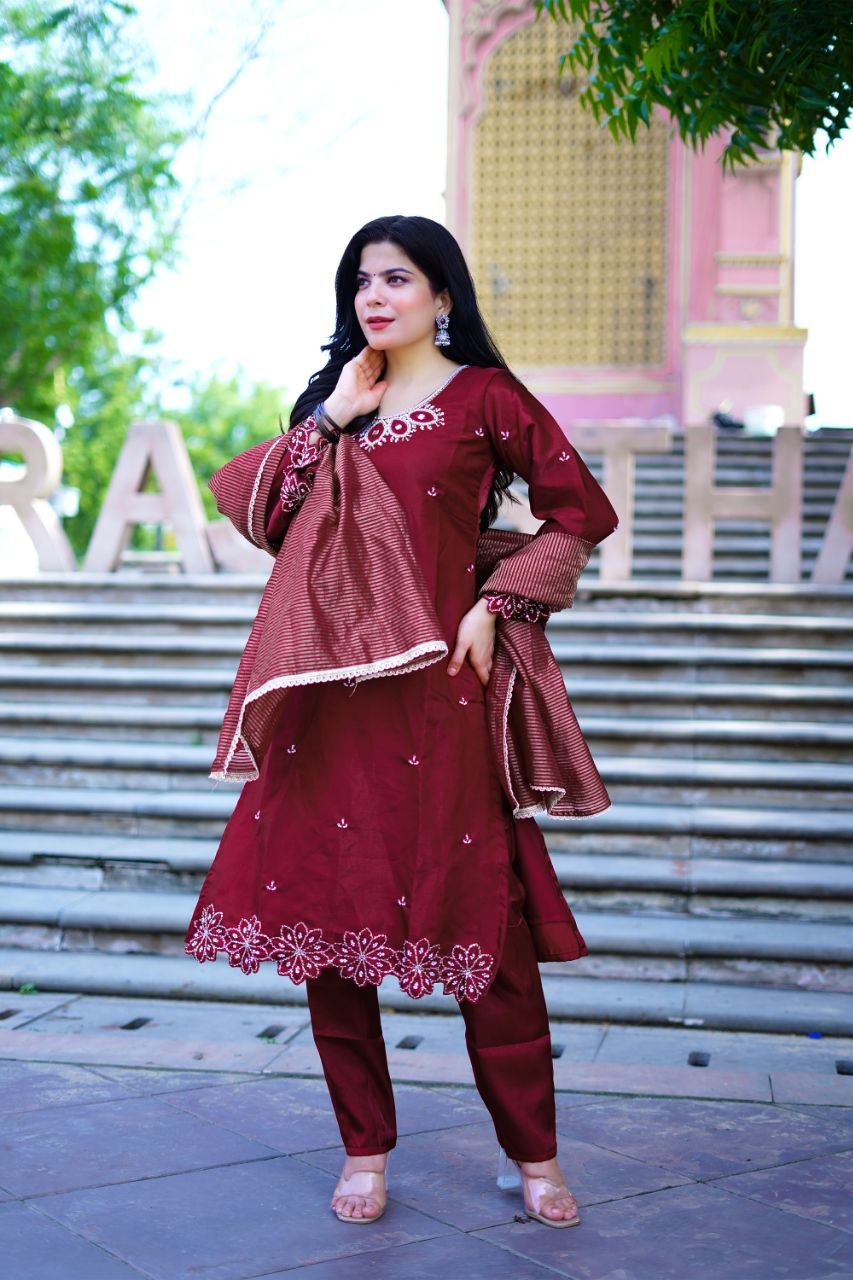 Wine Roman Glas Embroidery Beats With Sequence Work Kurti Set