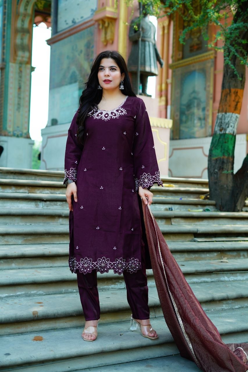 Maroon Roman Glas Embroidery Beats With Sequence Work Kurti Set