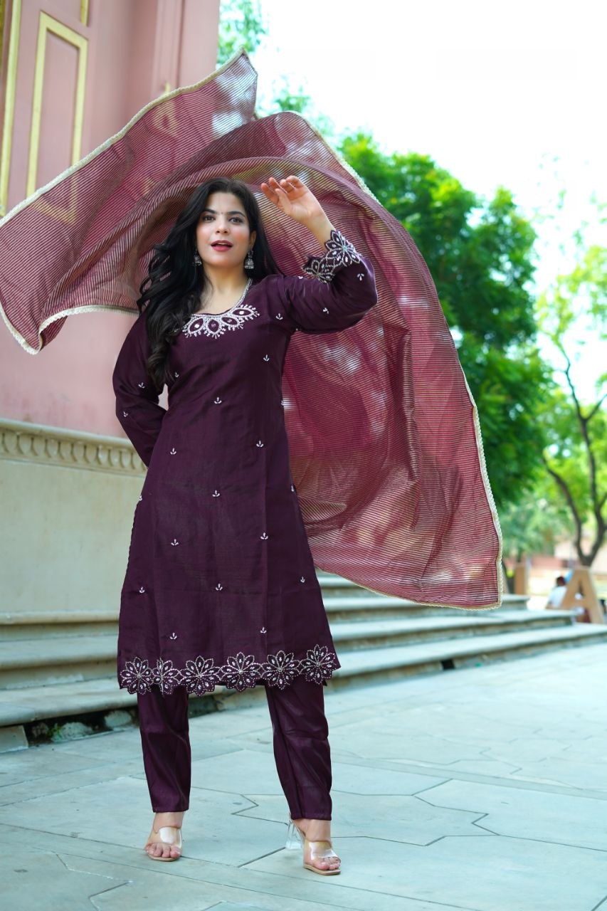 Maroon Roman Glas Embroidery Beats With Sequence Work Kurti Set
