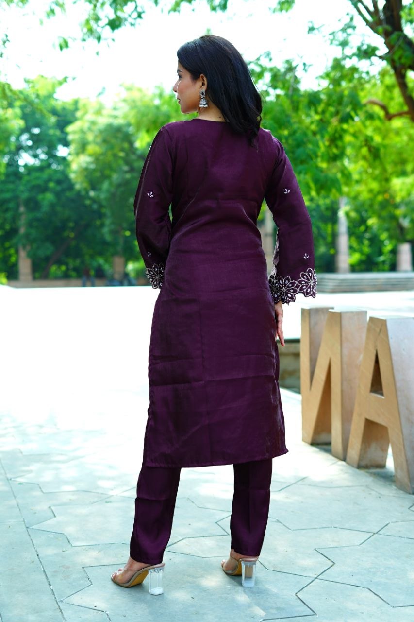 Maroon Roman Glas Embroidery Beats With Sequence Work Kurti Set