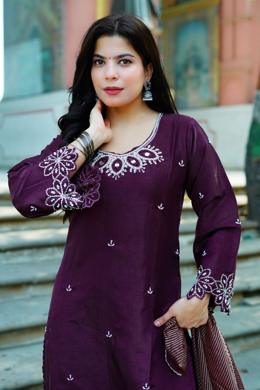Maroon Roman Glas Embroidery Beats With Sequence Work Kurti Set