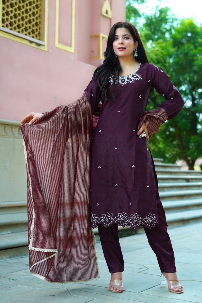 Maroon Roman Glas Embroidery Beats With Sequence Work Kurti Set
