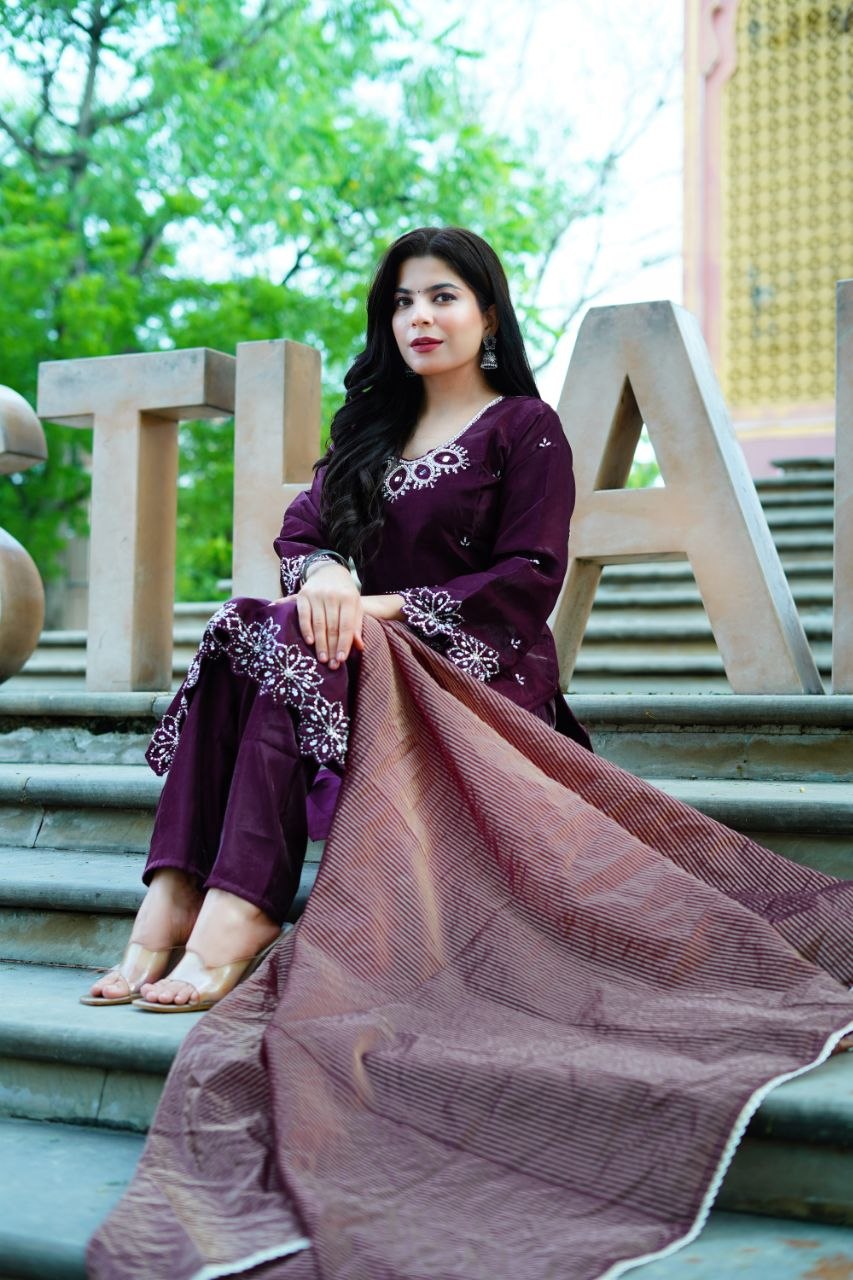 Maroon Roman Glas Embroidery Beats With Sequence Work Kurti Set