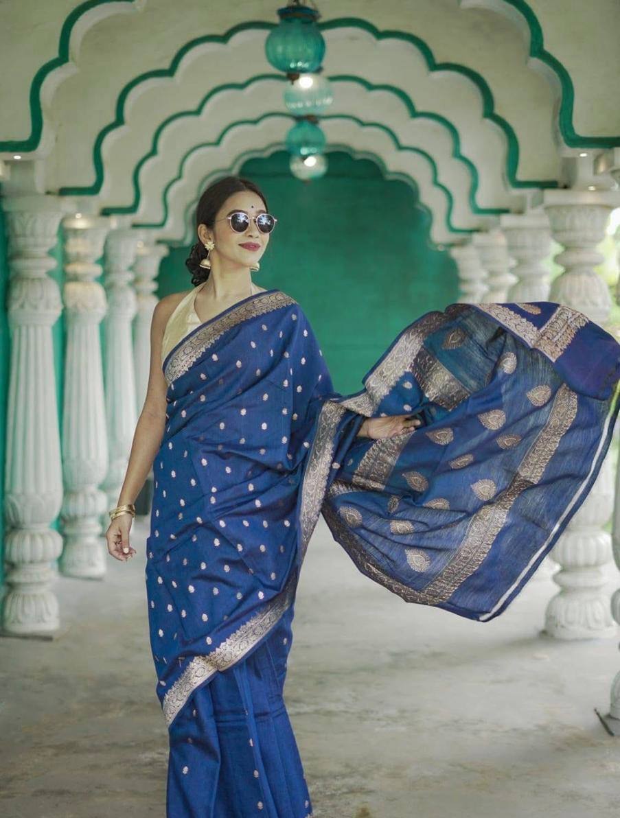 Blue Soft Linen Slab Weaving Work Saree