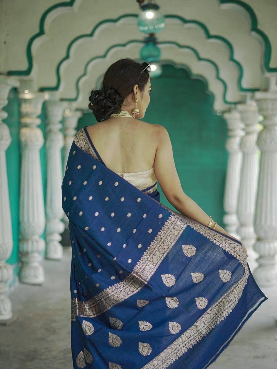 Blue Soft Linen Slab Weaving Work Saree