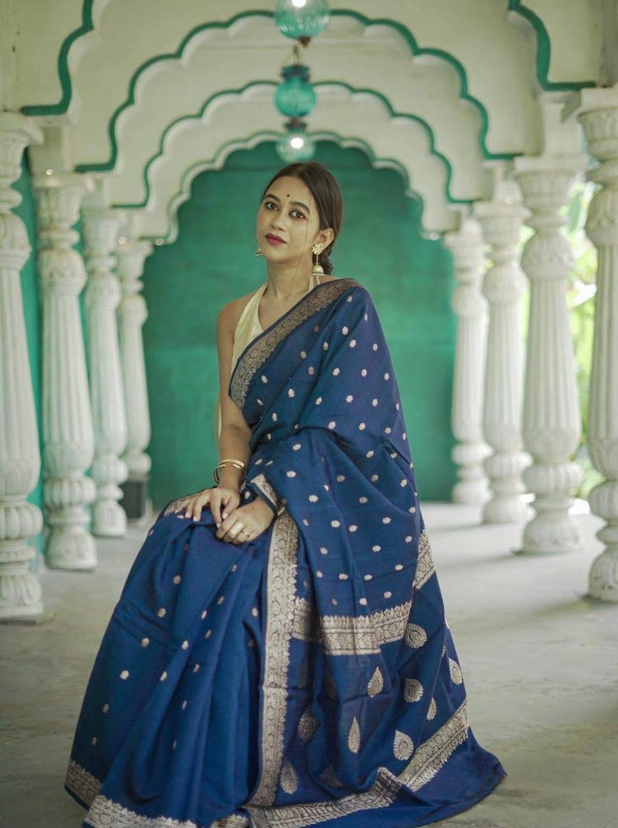Blue Soft Linen Slab Weaving Work Saree