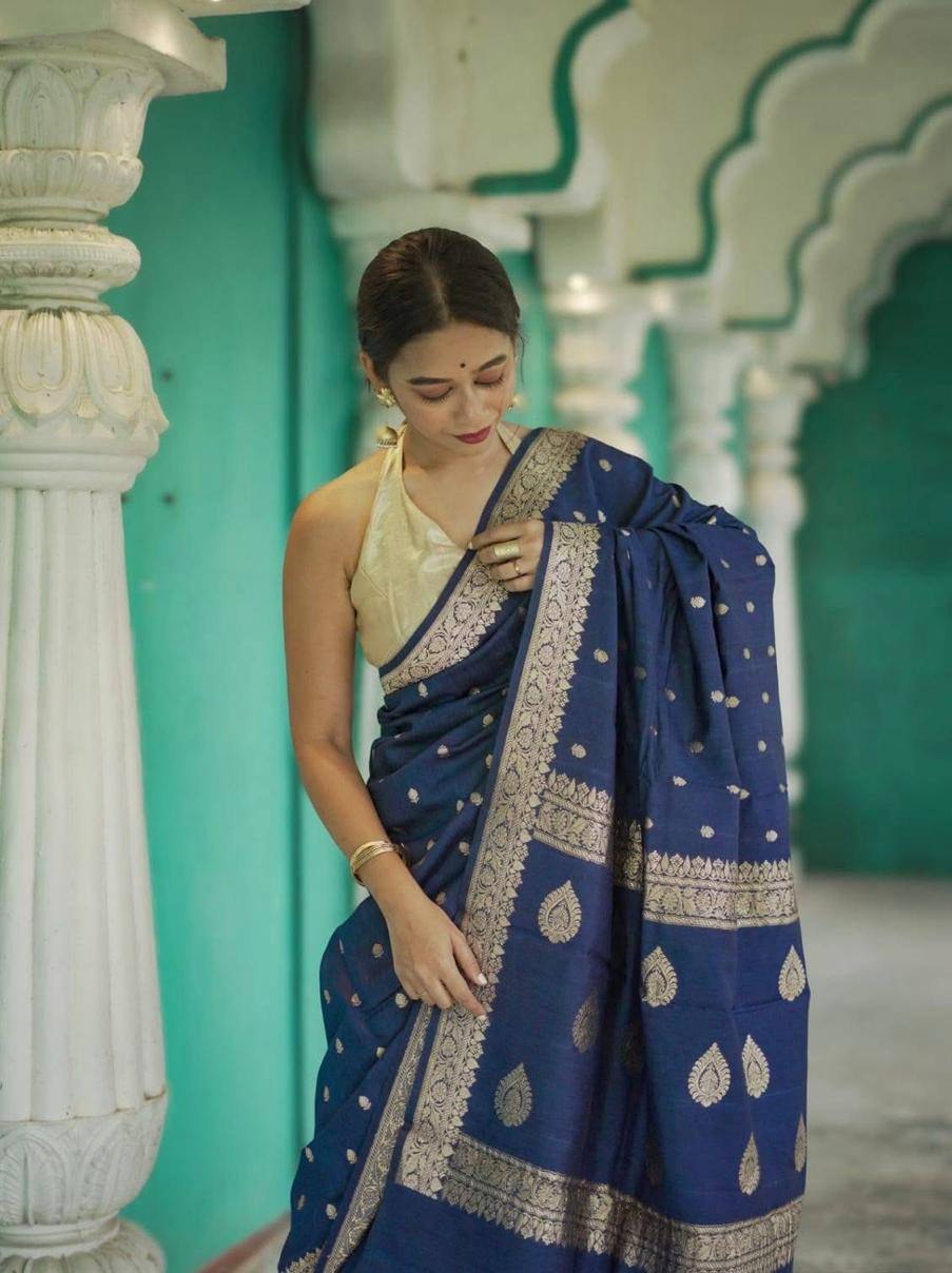 Blue Soft Linen Slab Weaving Work Saree