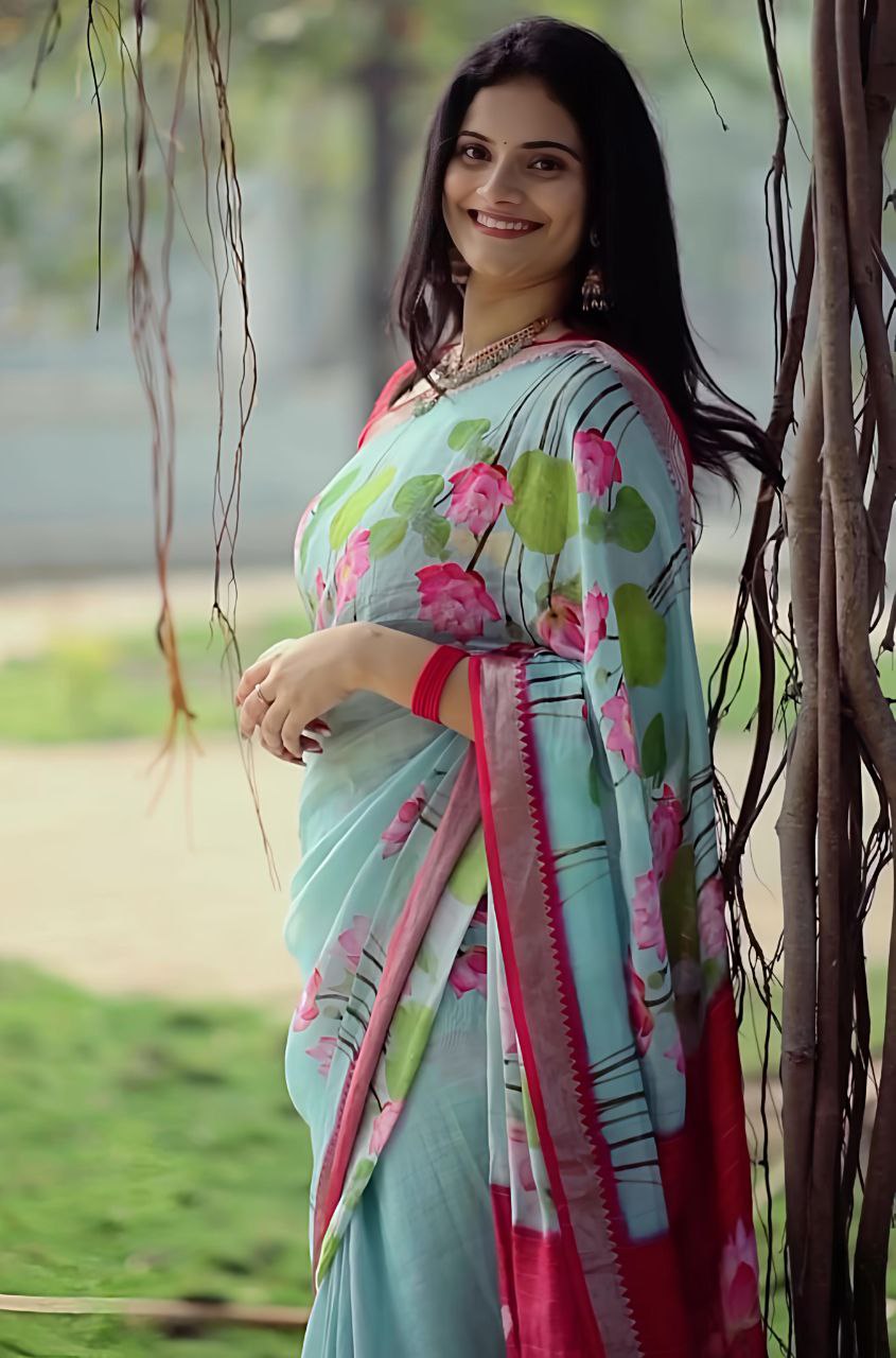 Sky Soft Linen With Jacquard Border Digital Printed Saree