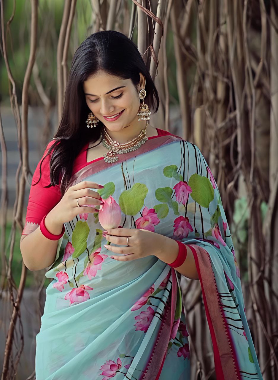 Sky Soft Linen With Jacquard Border Digital Printed Saree