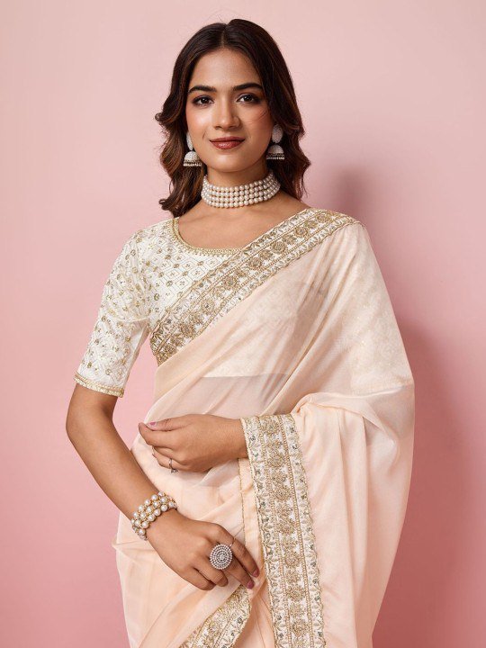 Heavy mono banglori blouse of orange organza saree with embroidery – designer bridal wear set