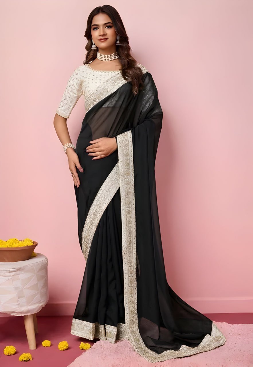 Black organza embroidered saree – designer bridal and party wear saree for women