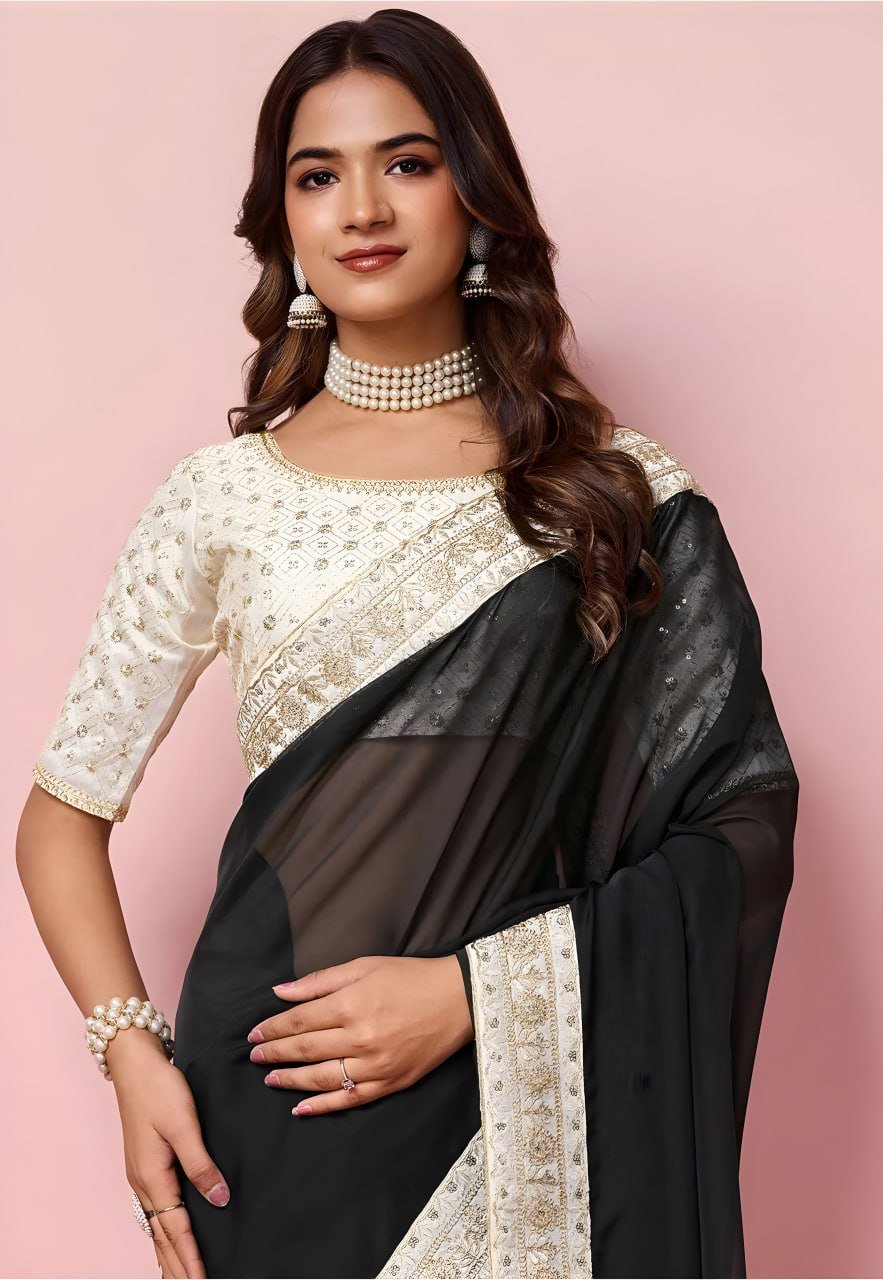 Pallu of black organza embroidered saree with elegant golden threadwork – designer bridal saree