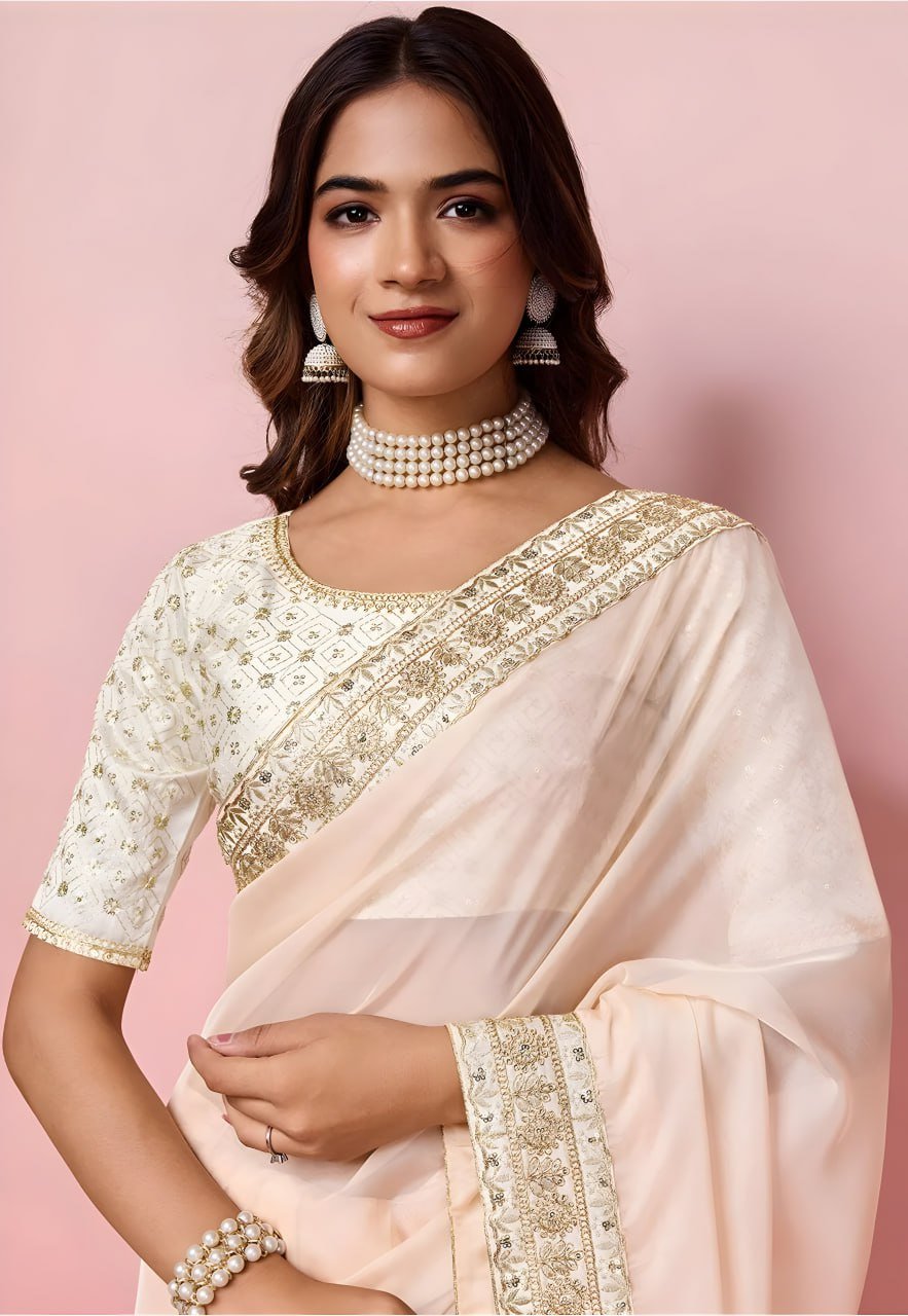 Heavy mono banglori blouse of orange organza saree with embroidery – designer bridal wear set