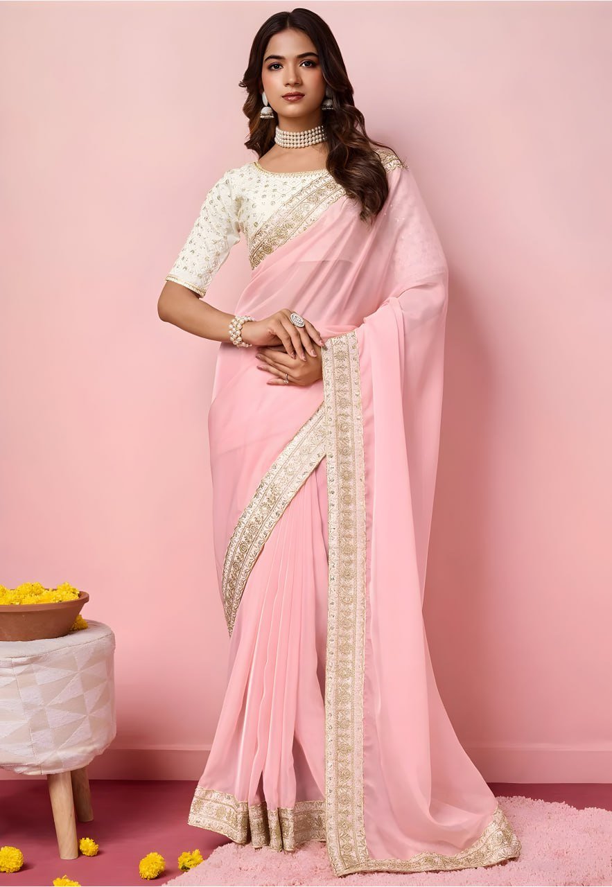 Pink organza saree with heavy mono banglori blouse – designer party wear saree for women 2025
