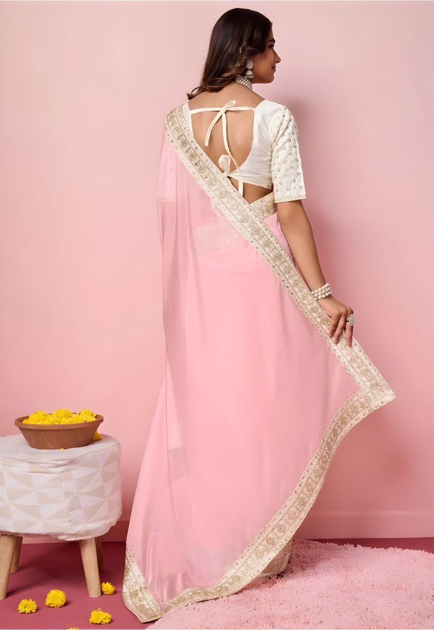 Heavy mono banglori blouse of pink organza saree with rich embroidery – bridal designer blouse design