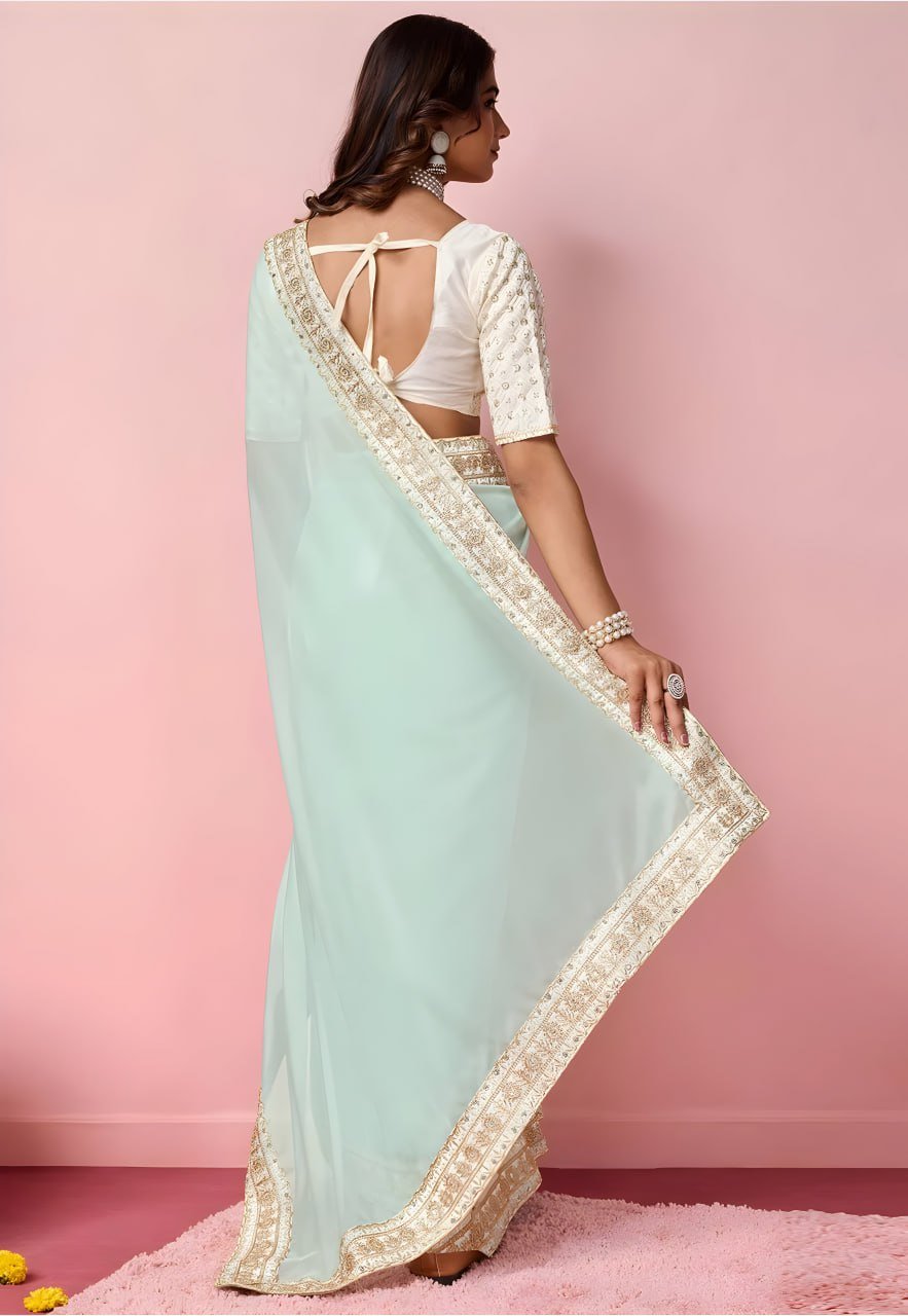 Folded elegant organza saree with heavy embroidered mono banglori blouse – party wear saree 2025
