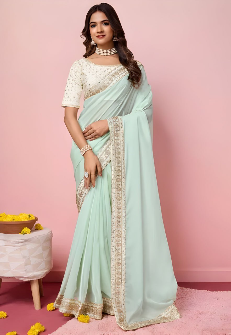 Elegant organza saree with heavy mono banglori embroidered blouse – designer party wear saree 2025