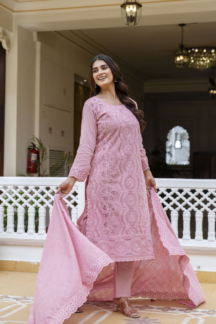 Pink Cambric Cotton Boring Chikan Kari Work Kurti Set