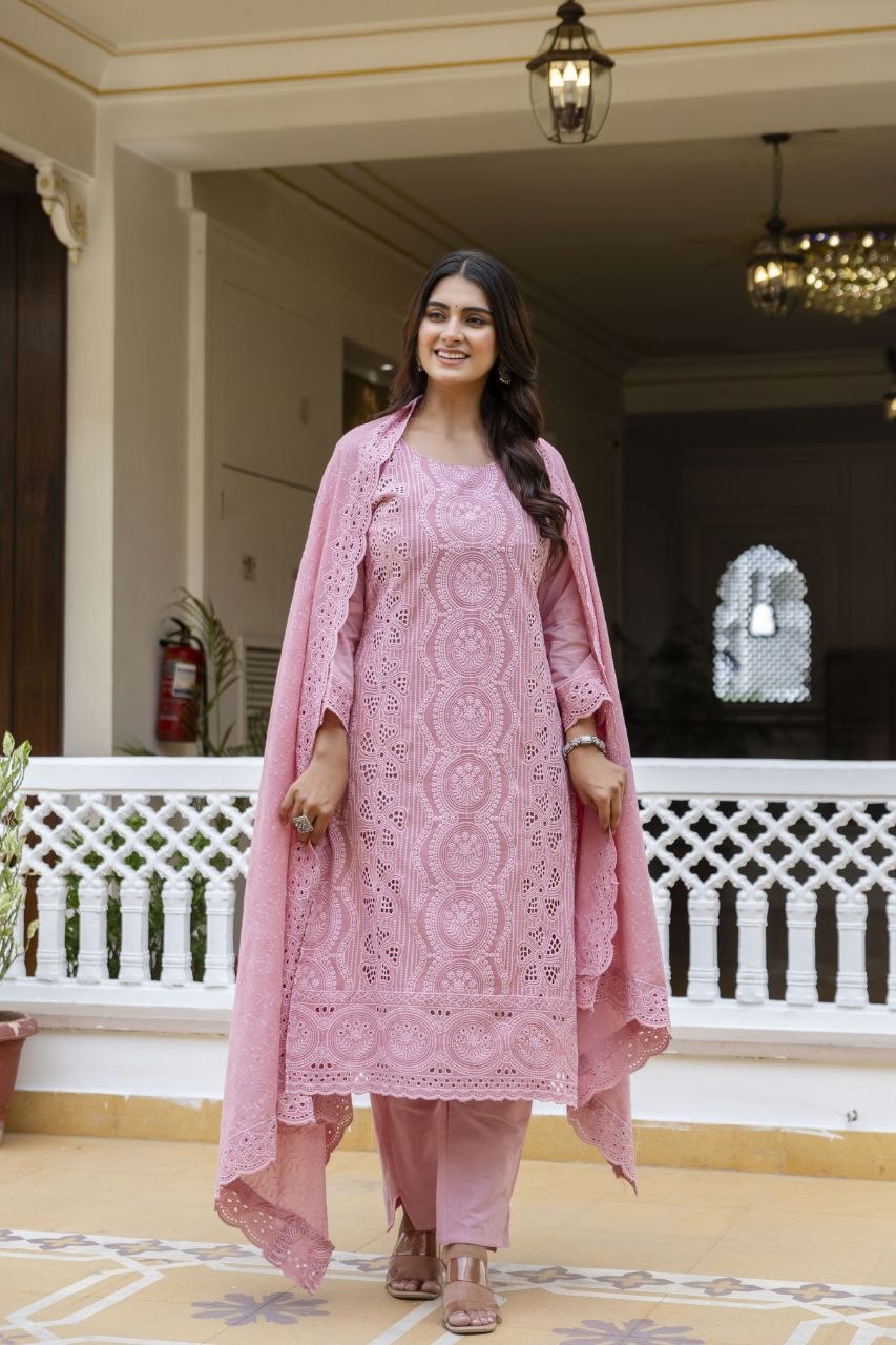Pink Cambric Cotton Boring Chikan Kari Work Kurti Set