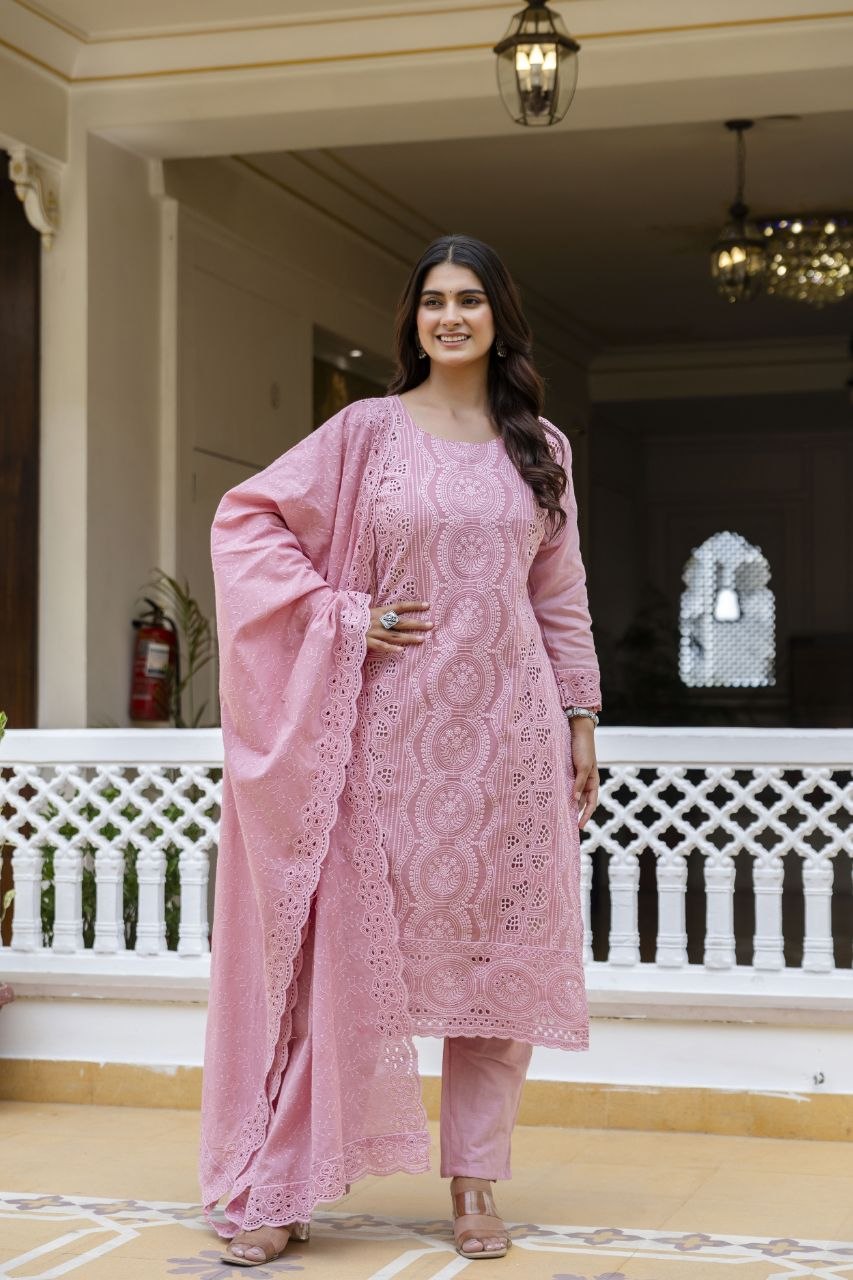 Pink Cambric Cotton Boring Chikan Kari Work Kurti Set