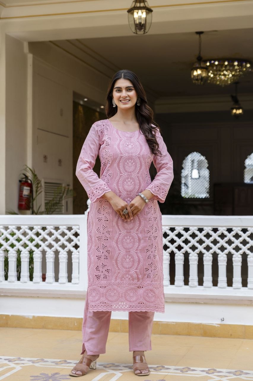 Pink Cambric Cotton Boring Chikan Kari Work Kurti Set