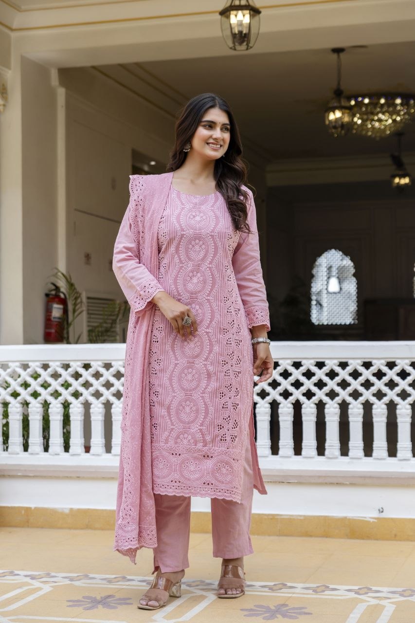 Pink Cambric Cotton Boring Chikan Kari Work Kurti Set