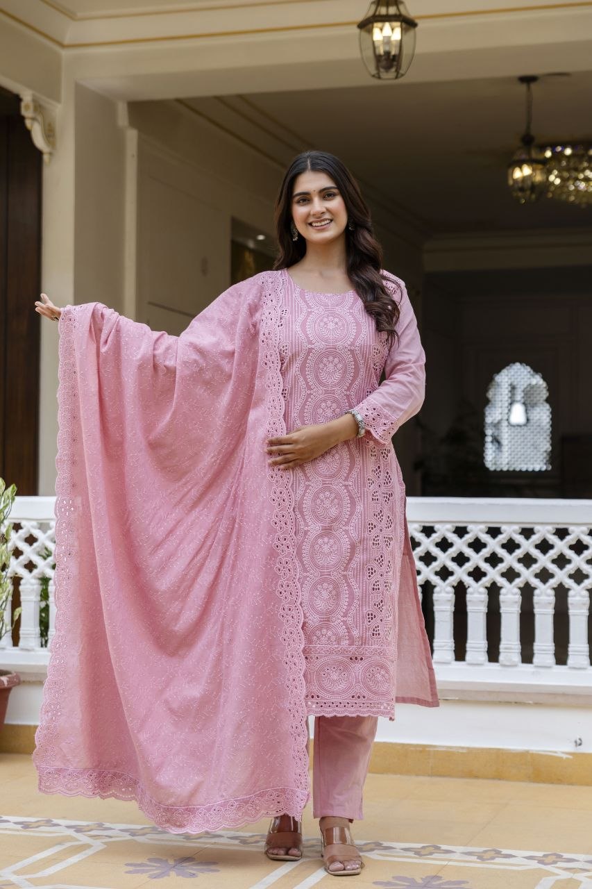 Pink Cambric Cotton Boring Chikan Kari Work Kurti Set