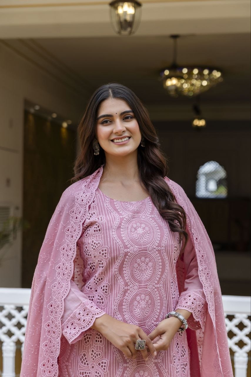 Pink Cambric Cotton Boring Chikan Kari Work Kurti Set