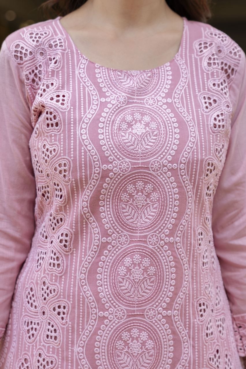 Pink Cambric Cotton Boring Chikan Kari Work Kurti Set