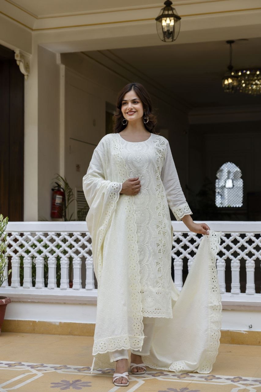 White Cambric Cotton Boring Chikan Kari Work Kurti Set