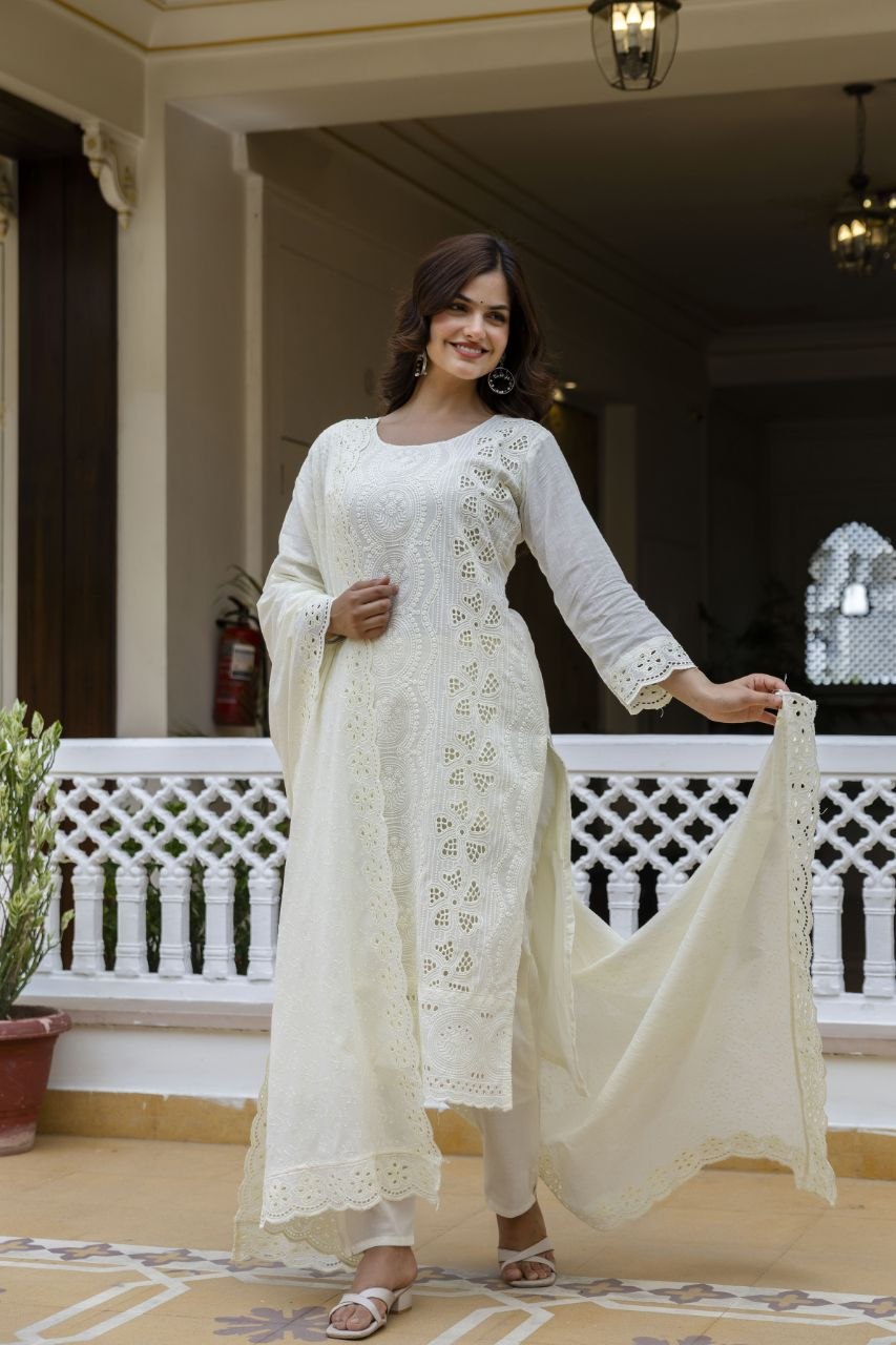 White Cambric Cotton Boring Chikan Kari Work Kurti Set