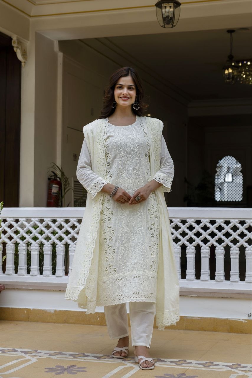 White Cambric Cotton Boring Chikan Kari Work Kurti Set