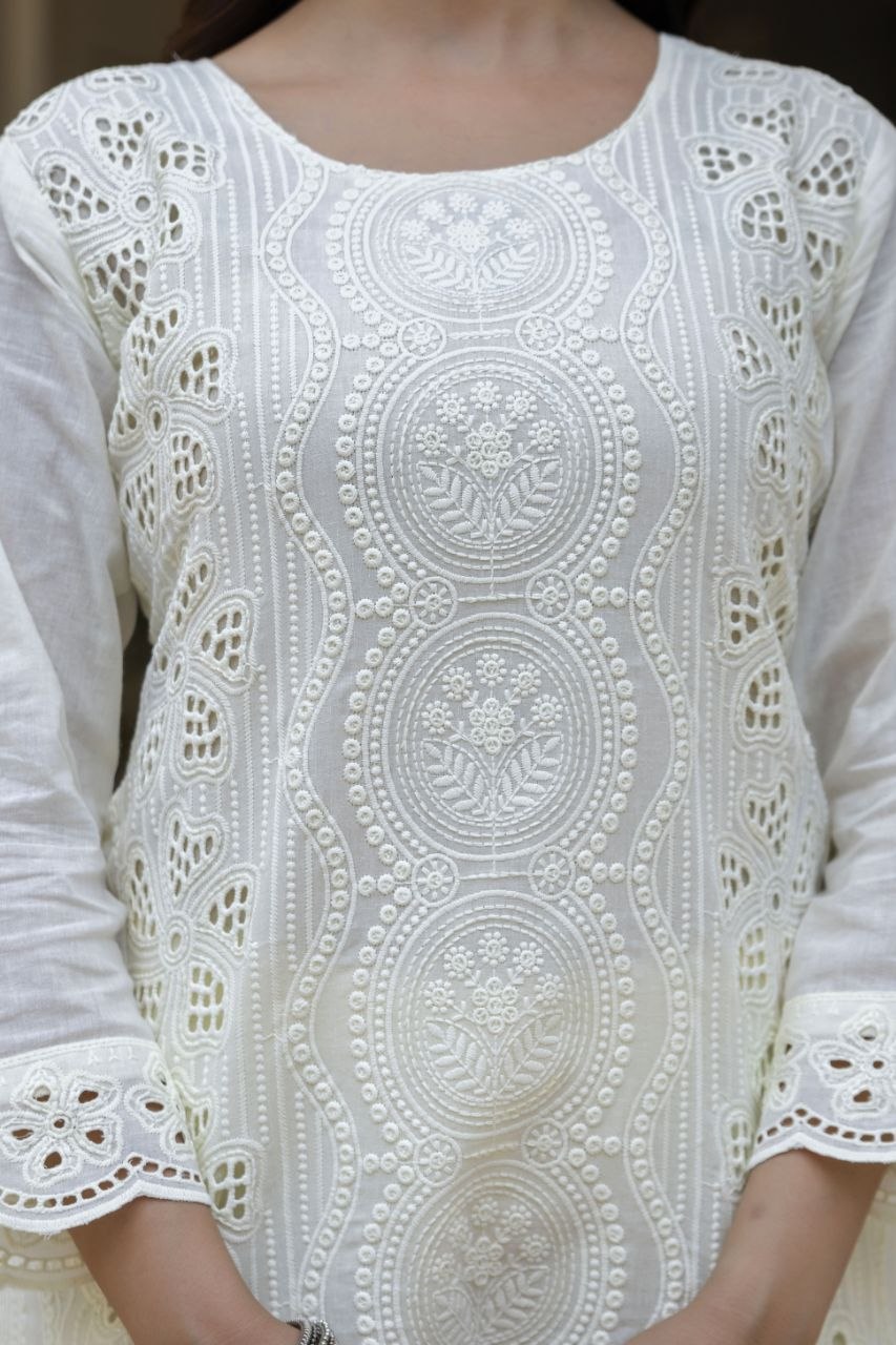 White Cambric Cotton Boring Chikan Kari Work Kurti Set