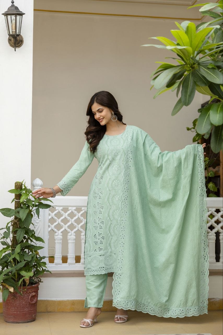 Mint Green Cambric Cotton Boring Chikan Kari Work Kurti Set