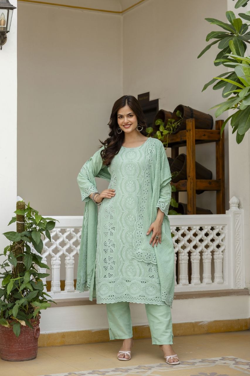 Mint Green Cambric Cotton Boring Chikan Kari Work Kurti Set